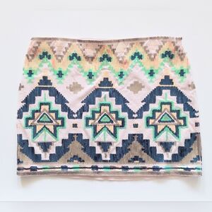 Express Aztec Sequin Stretch Lined Mini Skirt Womens Size XS Cream